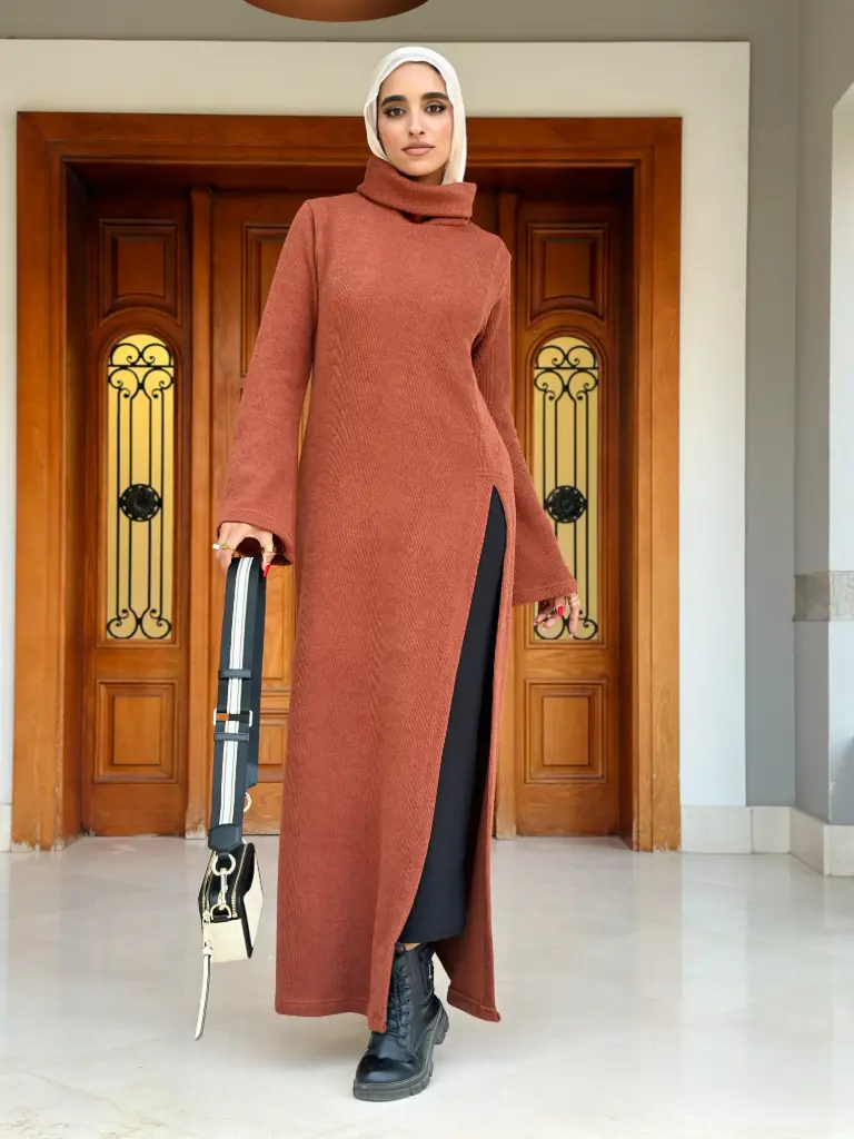 Brown Ribbed Wool Dress
